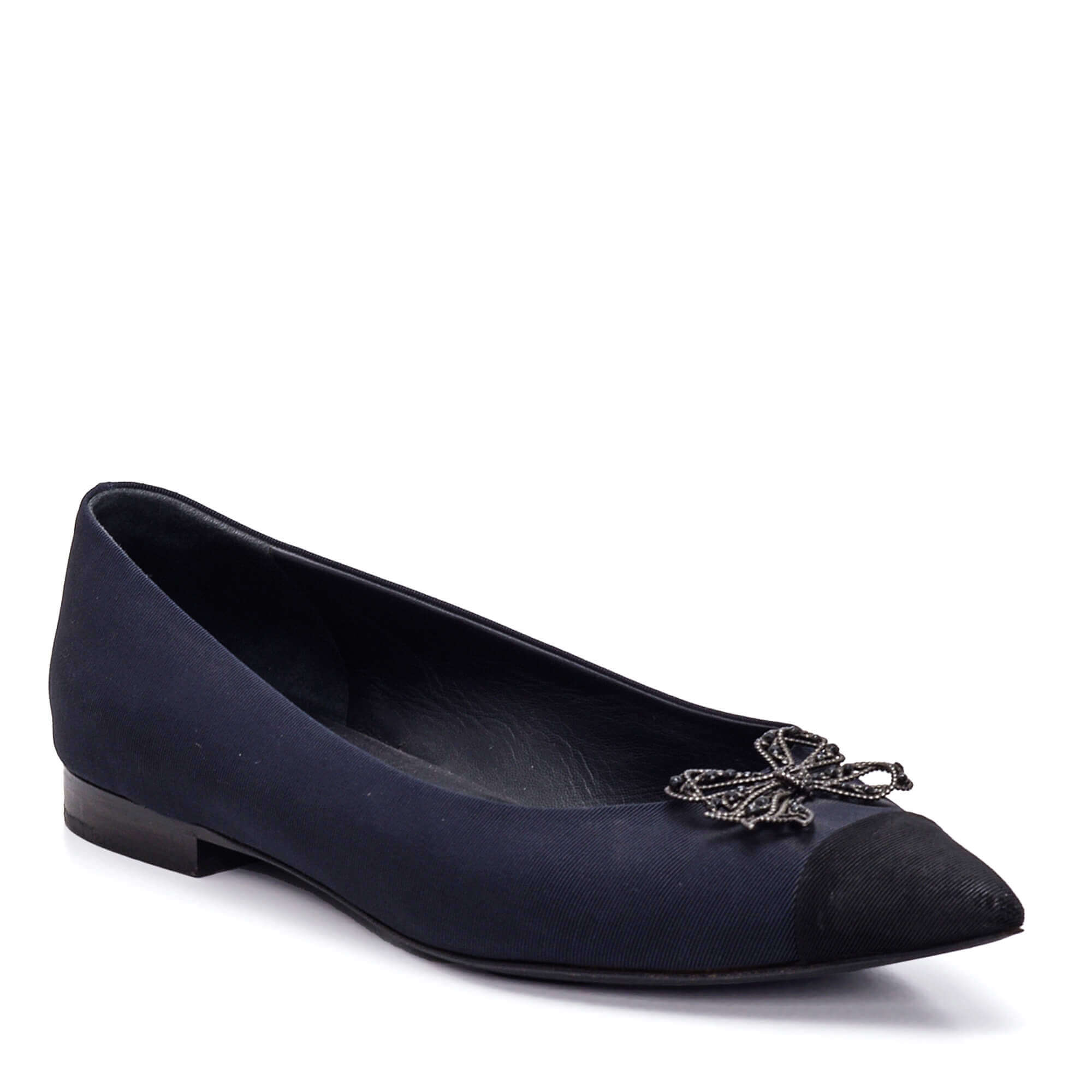Chanel - Navy Canvas Metal Bow and Black Cap Toe Detail Ballerinas